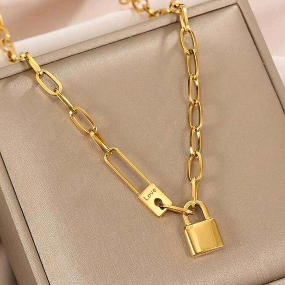 Gold Chain Necklace with Padlock Pendant